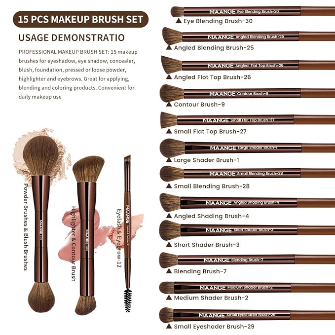 MAANGE 15 PCS Makeup Brushes Double-ended Makeup Brush Set Double Sided Angled/Round Top Brush Foundation Contour Blending Eyebrow Eyeshadow Concealer (Brown)