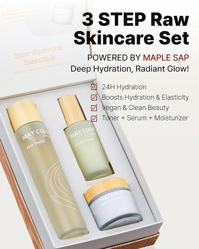 MAY COOP 3 STEP Moisturizing & Hydrating Korean Skincare Set - Essence Toner, Moisturizer Face Cream, Organic Activator Facial Serum All Skin Type