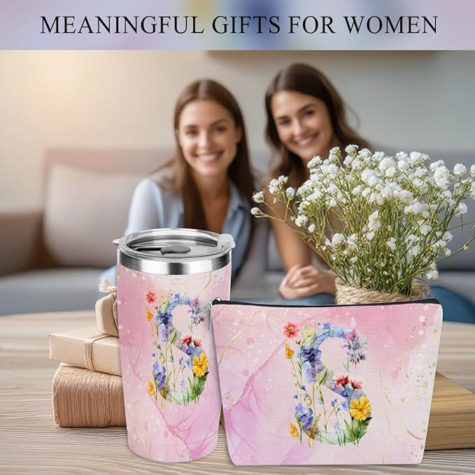 Personalized Gifts for Women Monogrammed Birthday Gifts for Women, Wife Girlfriend Christmas, Initial 20 oz Tumbler, Makeup Cosmetic Bag Cup Pens Journal Notebook 6 Set, (Aesthetic Pink Flower S)