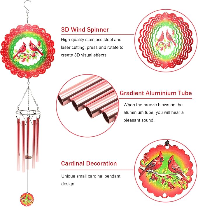 Wind Chimes with Cardinal Wind Spinner, Mom Gifts for Christmas Grandma Mom Women Birthday Retirement Teacher, 31" Windchimes Outdoor Decor Hanging Mobile for Garden Porch Patio Backyard