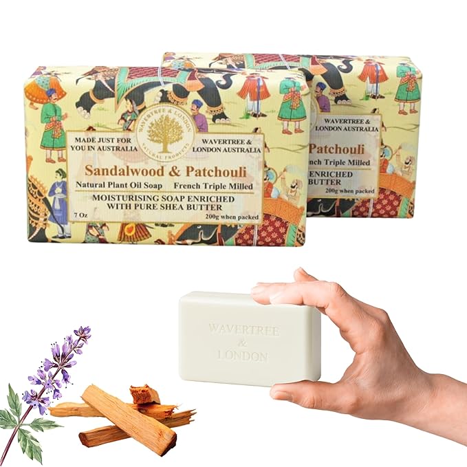 Wavertree & London Sandalwood & Patchouli Scented Natural Soap (2 Bars), 7oz Moisturizing French Triple Milled Soap Bars enriched with shea butter - Pure Plant Oil Bath & Body Bars for All Skin Types
