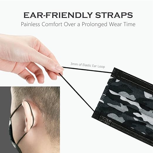 CSD Colo 30 Pcs Black Camo Disposable Face Masks, 3 Ply Adult Mask with Elastic Ear Loop, Nose Bridge Clip, Breathable Comfortable Mask Great for Indoor, Outdoors Use (Shadow Black Camo)