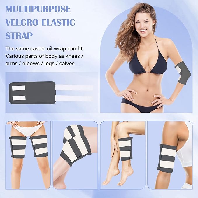 Castor Oil Pack Wrap, 9 Pcs Organic Castor Oil Packs Kit for Entire Body Neck Shoulder Waist Back Hand Knee Leg and Feet, Reusable Pads Kit for Hot/Cold Castor Oil Compress for Woman/Man【Grey】