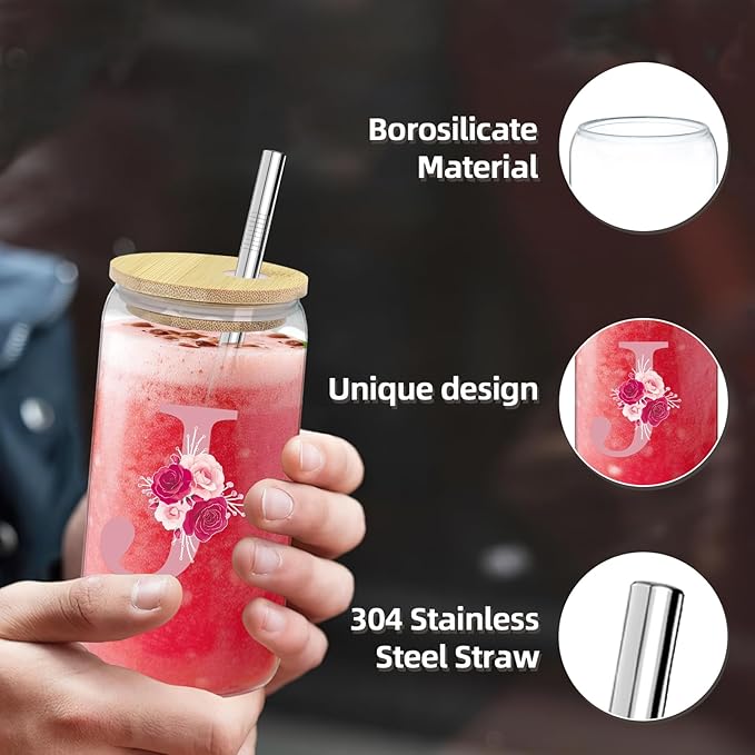 Monogrammed Gifts for Women,Personalized Gift for Women,Initial Canvas Tote Bag,16oz Initial Glass Cup,Makeup Bag for Sister,Jewelry Organizer Box,Birthday Gifts for Aunt Niece-J