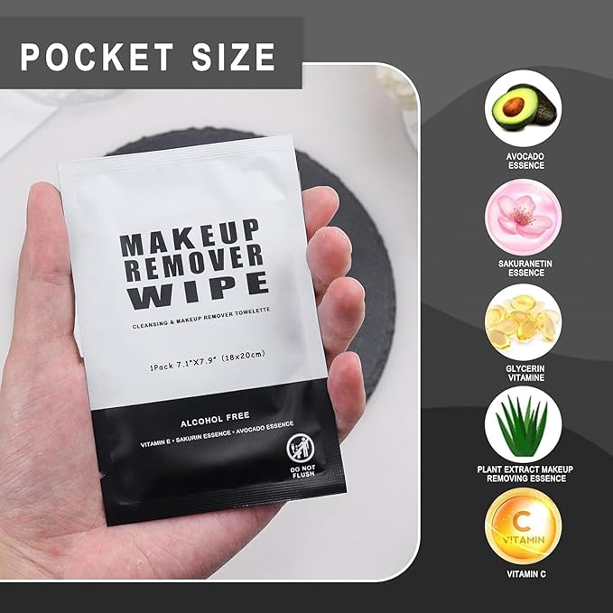 100 Makeup Remover Wipes Bulk Individually Wrapped Makeup Wipes Single Makeup Remover Cloth Facial Cleansing Pads for Mascara Lipstick Oil Dirt Face Skin Travel Hotel (Black)