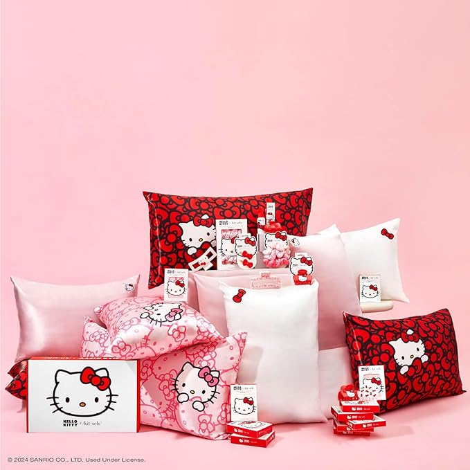 Kitsch x Hello Kitty Sea of Bows - Satin Pillowcase with Zipper for Hair and Skin, Softer Than Silk, Smooth Cooling Pillow Covers, Machine Washable, King Size (19x36)