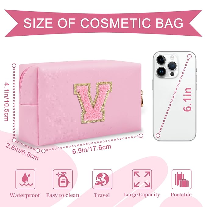 Personalized Initial A-Z Preppy Patch Makeup Bag,Small PU Leather Chenille Letter Cosmetic Bag with Zipper for Teen Girls,Pink Cute Travel Toiletry Bag,Birthday Monogrammed Gift for Daughter,Letter V