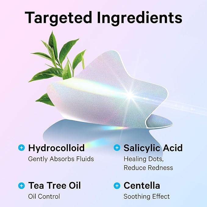 Sosky Hologram Pimple Patches for Face, Hydrocolloid Acne Patches with Salicylic Acid, Cute Star Zit Stickers,Colorful Blemish Covers,48 Count Blue Pink Star Heart Moon Flower