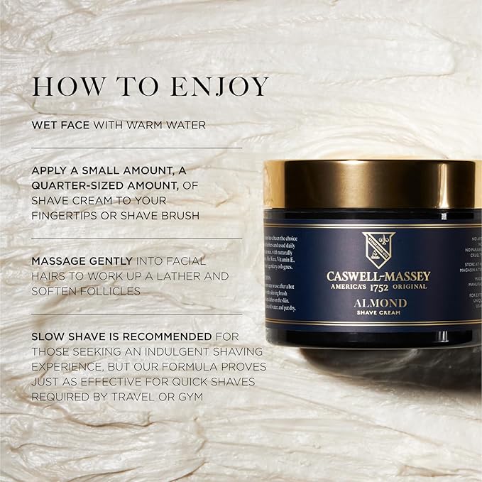 Caswell-Massey Heritage Almond Shave Cream, Natural Men’s Shaving Cream for Smooth Beard Shaving, Soothing for Sensitive Skin, USA Made, 8 Fl Oz
