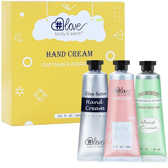 BODY & EARTH # LOVE Hand Cream Gift Set, Hand Lotion for Women, Mothers Day Gifts for Mom, Travel Size Hand Lotion Set 3x2.0 oz, Shea Butter Argan Oil Vitamin E Moisturizing Hand Cream for Dry Hands