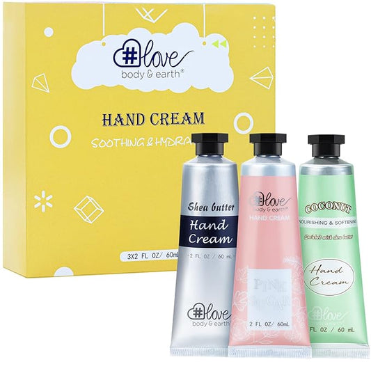 BODY & EARTH # LOVE Hand Cream Gift Set, Hand Lotion for Women, Mothers Day Gifts for Mom, Travel Size Hand Lotion Set 3x2.0 oz, Shea Butter Argan Oil Vitamin E Moisturizing Hand Cream for Dry Hands