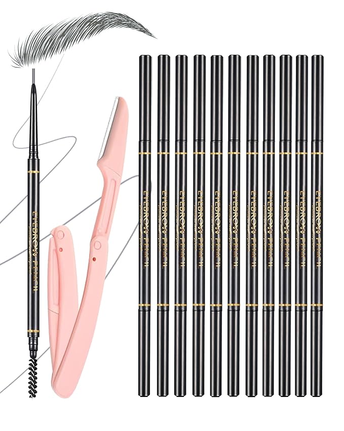 Gray Eyebrow Pencils for Women, 12Pcs Ultra Slim Eyebrow Pencil with 2 Brow Razors Kit, Double Head 1.5mm Micro-Fine Tip & Spiral Brush, Can Draw Fine and Long-Lasting Brows Makeup