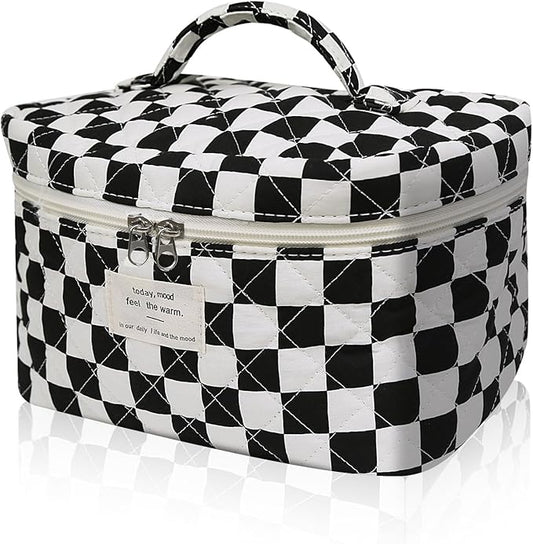 Large Makeup Bag, Cute Cosmetic Bag for Women Girls, Floral Coquette Aesthetic Toiletry Bag, Travel Make Up Organizer Bag (Black Checkered)