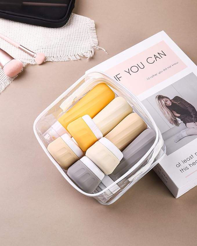 Travel Bottles for Toiletries 8 Pack, Travel Size Toiletries, Tsa Approved Travel Size Containers 3oz, with Travel Essentials Clear Bag, Leak Proof Silicone Squeezable Creams Jars