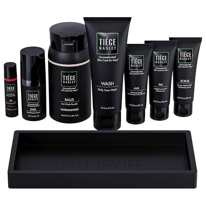 Tiege Hanley Men’s Skin Care Gift Box Set, Gold – Includes Face Wash, Scrub, AM/PM Moisturizers, Eye Cream, Body Powder, Lip Balm & Organizer Tray