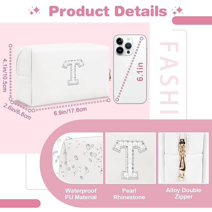 Bride Gifts – Personalized Initial Makeup Bag with Pearl Rhinestone Patch, Preppy White Monogram Cosmetic/Toiletry Pouch, bridesmaid Gifts, Bridal Shower Gifts, Wedding Gifts, Bridal Gifts,T