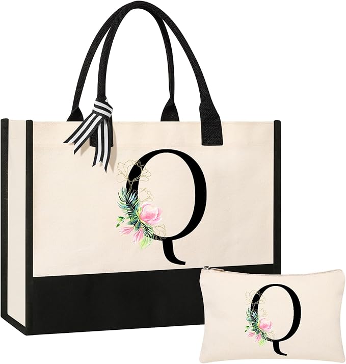 AYGE Personalized Initial Canvas Beach Tote, Monogrammed Gifts for Women, Makeup Bag, Birthday Gifts for Sister, Mom, Teacher, Bridesmaid