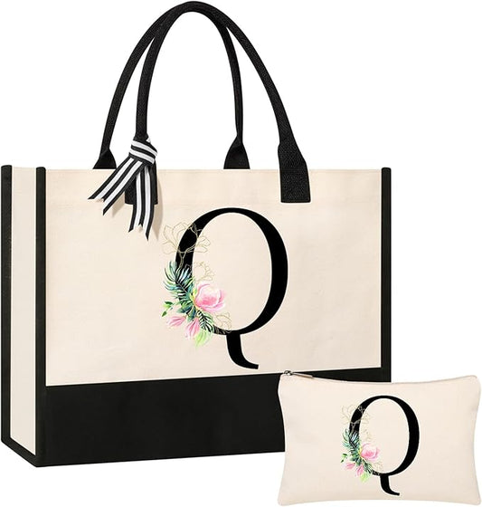 AYGE Personalized Initial Canvas Beach Tote, Monogrammed Gifts for Women, Makeup Bag, Birthday Gifts for Sister, Mom, Teacher, Bridesmaid