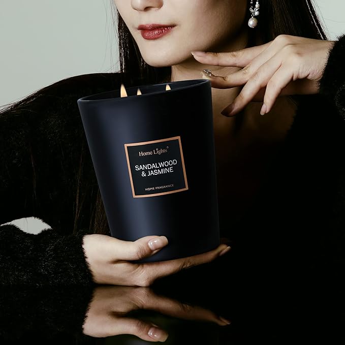 HomeLights Scented Candles | Large Jar 33.3 Oz Natural Soy Candle | 130 hrs with 3 Cotton Wicks, Sandalwood Jasmine Home Fragrance Candles Gift