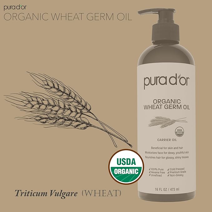 PURA D'OR ORGANIC Wheat Germ Oil (16 Oz x2 = 32 Oz) 100% Pure & Natural USDA Certified Cold Pressed Carrier Oil - Vitamin E Rich, Moisturizing & Nourishing Anti-Aging Properties - Healthy Hair Growth