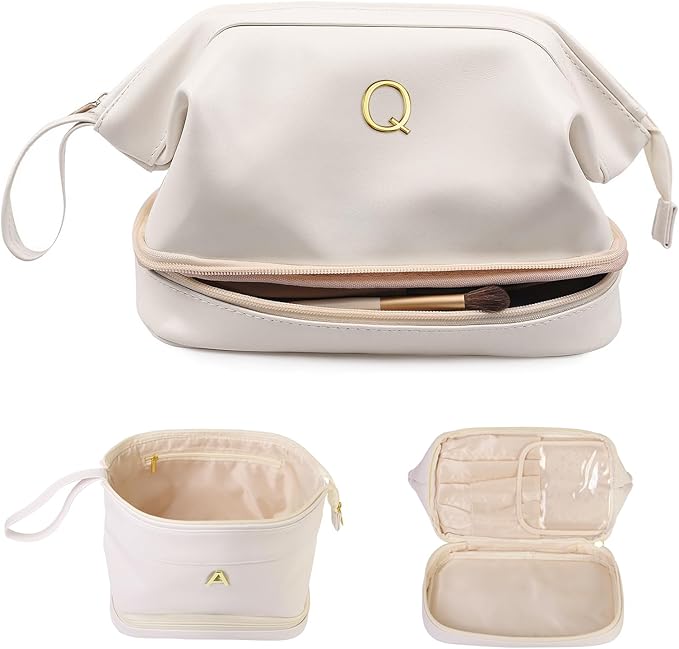 Bridesmaid Gift, Initial Makeup Bags, Personalized Double Layer Cosmetic Bag with Makeup Brush Organizer, Waterproof, Large Capacity PU Leather Travel Toiletry Bag