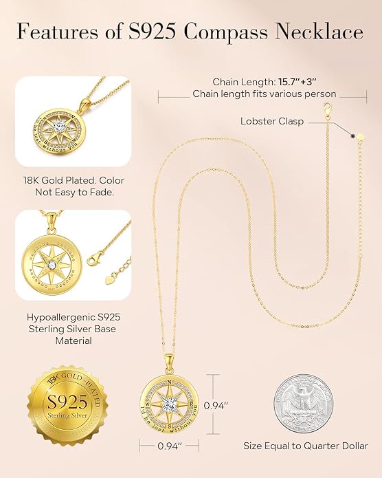 S925 Necklace Gift for Wife |Compass Jewelry |Women Anniversary |Sterling Silver |Girlfriend Birthday Gifts for Her Valentines |I'd be Lost without You |Jewel 18K Gold