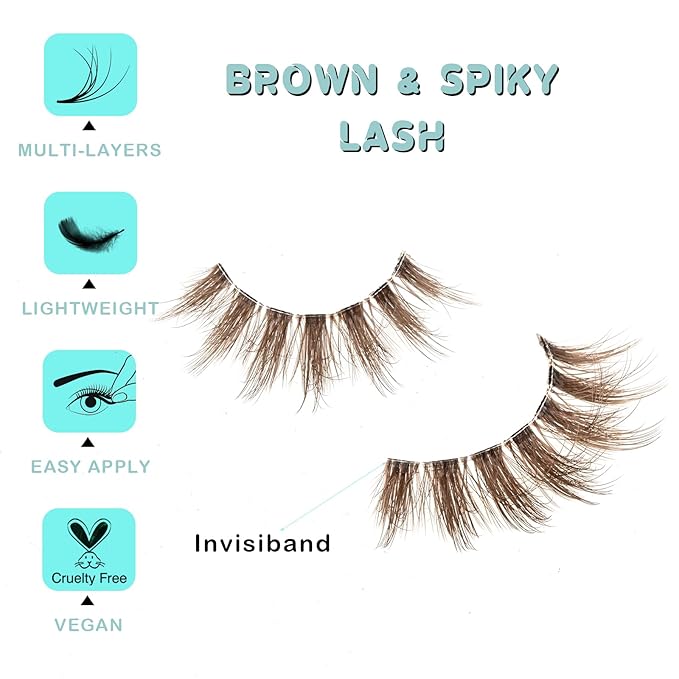 Brown Lashes Mink Lashes Fluffy Wispy Eyelashes Medium Natural Eye Lash Pack Thick Full Small Strip Eyelash Set Thin Band Russian Strips Lash Extension (Brown Spiky | 11-17mm)