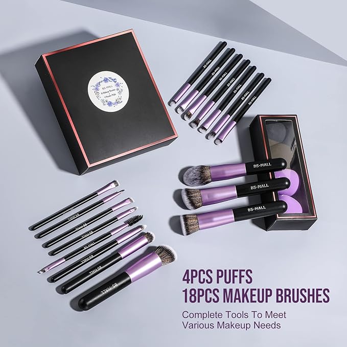 BS-MALL Makeup Brushes Premium Synthetic Foundation Powder Concealers Eye Shadows Makeup 18 Pcs Brush Set with 4 Pcs Makeup sponge Set