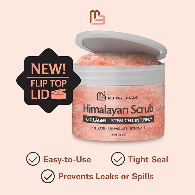 Himalayan Salt Scrub, Face, Foot, and Body Exfoliator with Collagen and Stem Cells, Exfoliating Scrub for Toning, Cellulite, and Skin Care by M3 Naturals 16 fl oz