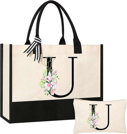 AYGE Personalized Initial Canvas Beach Tote, Monogrammed Gifts for Women, Makeup Bag, Birthday Gifts for Sister, Mom, Teacher, Bridesmaid