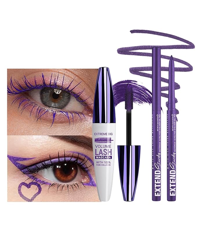 Purple Mascara and Plum Eyeliner Set,5D Waterproof Mascara Volume and Length Natural Lengthening Curling, Smudge Proof Purple Eyeliner Pencil, Natural Eye Makeup Gift Kit for Women in Halloween Set-03