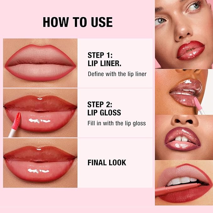 Pink Lip Liner Waterproof Lip Kit With Lip Liner and Gloss Long Lasting Pluming Smudge proof Highly Pigmented Lip Liner Set with Lipgloss (09# Pink)