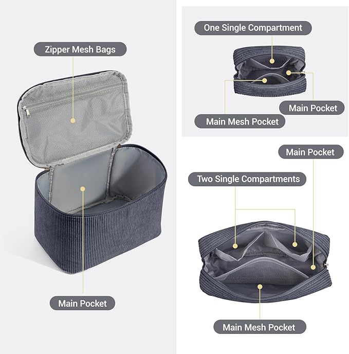 MAGEFY Small Makeup Bag for Purse Mini Cosmetics Bag Corduroy Cute Cosmetic Pouch for Women with Slip-in Pockets