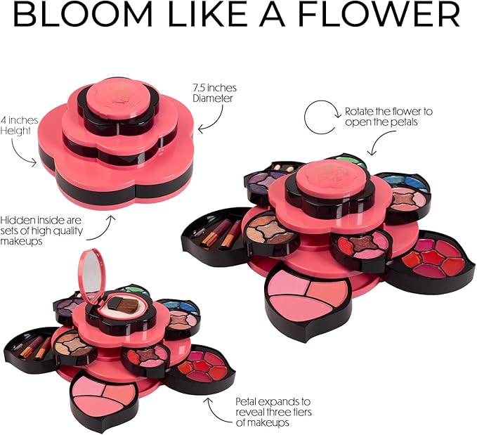 Toysical Makeup Kit for Teens - Flower Palette Gift Set for Teen Girls and Women - Makeup for Girls 10-12 - Petals Expand to 3 Tiers - Variety Shade Array - Full Starter Kit for Beginners