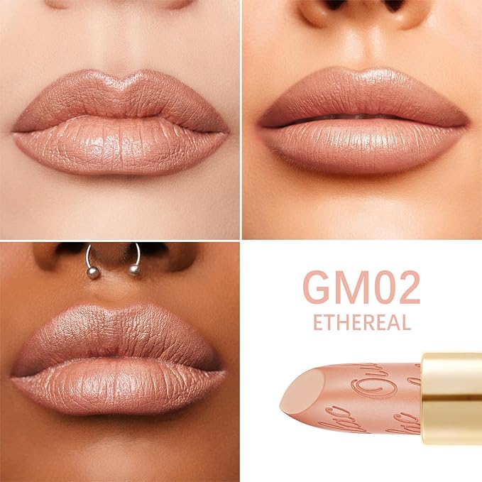Oulac Matte Pinky Nude Lipstick with Glow Metallic Finish - Vegan Lipstick for Women, Creamy Texture, Hydrating Clean Beauty Formula, High-End Magnetic Hook Design, GM02 Ethereal
