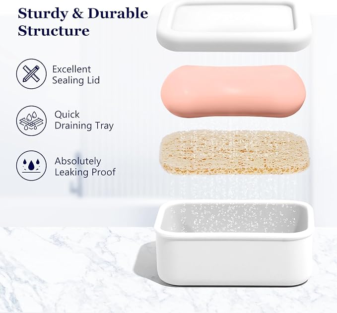 Leak Proof Silicone Travel Soap Case with Draining Layer, Travel Size Toiletry, Portable Soap Container for One Regular Bar Soap Perfectly, Shatter-Proof Soap Holder for Bathroom, Gym (White)