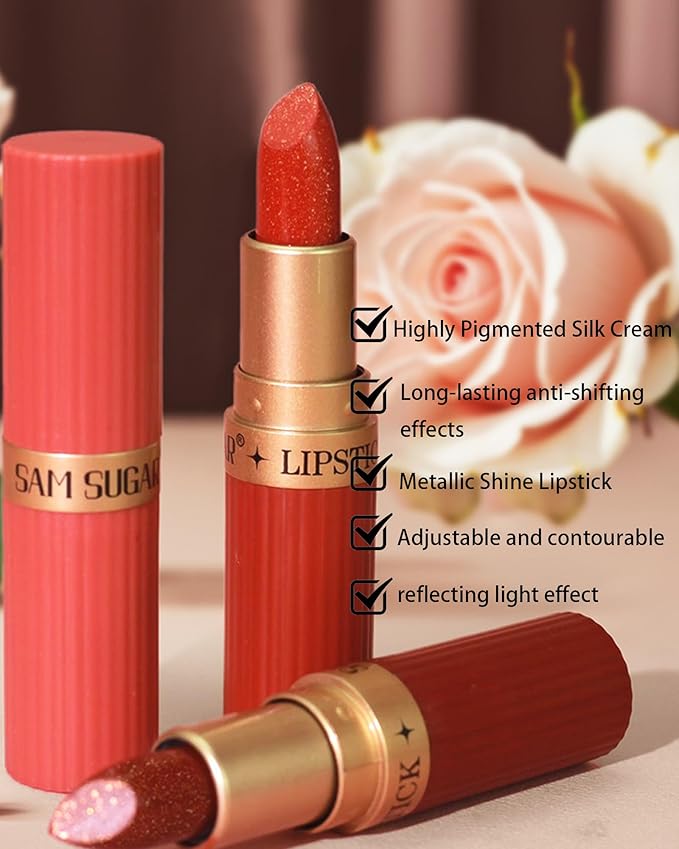 Pink Sparkling Glitter Lipstick, Long Lasting Shimmer Metallic Lipstick for Women Glitter Nude Red Waterproof Lip Gloss, Diamond Shiny Non-Stick Lipgloss Liptint Blam Lip Color labiales Makeup Gift-01