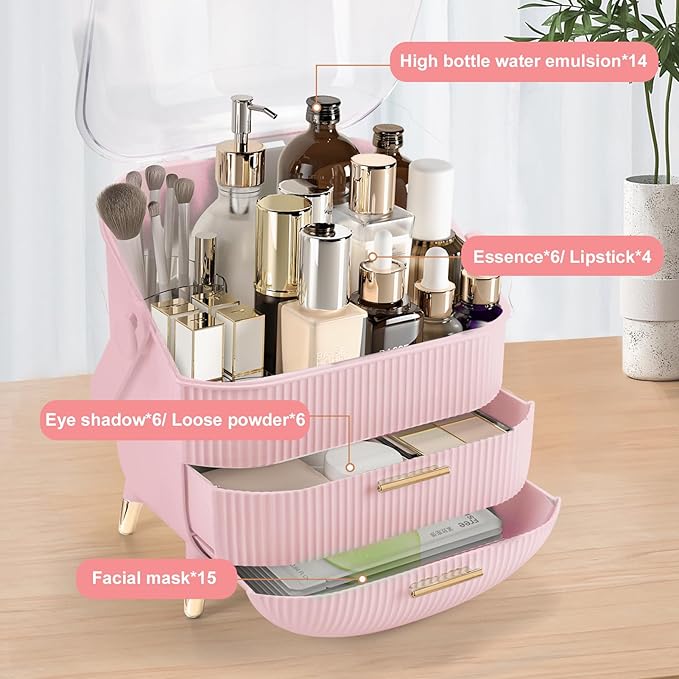 YGJT Make up Organizers and Storage, Makeup Organizer for Vanity, Cosmetics Skincare Organizers with Lid and Drawers, Cosmetic Display Cases for Countertop, Bathroom, Ideal Gifts for Women(Pink)