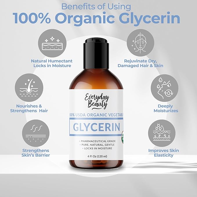 100% Organic Glycerin - For Skin & Hair - Food Grade - USDA Certified - Not From Palm Oil - Perfect Skin and Hair Moisturizer - 4 Fl Oz