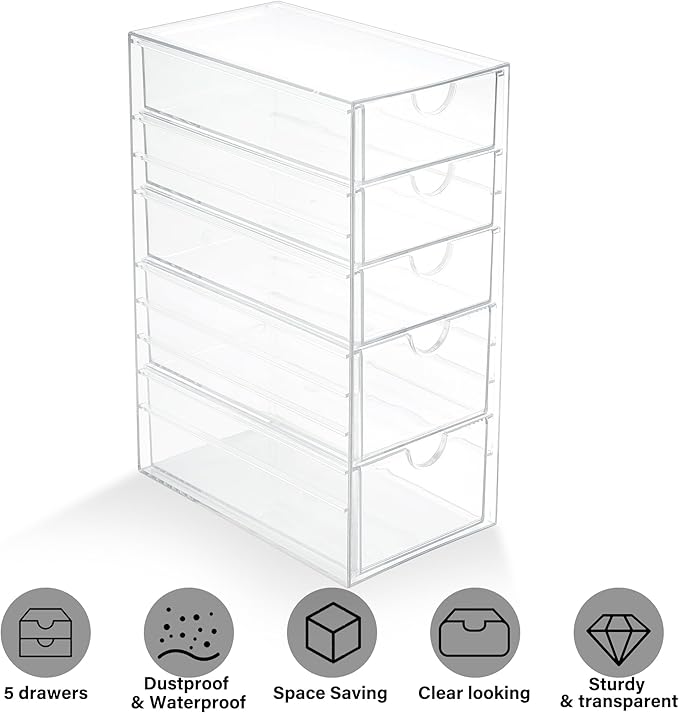 Prsildan Acrylic Drawer Makeup Organizer with 5 Drawers, Hair Accessories Organizer, Office Desk Organization, Clear Stackable Storage Drawers for Vanity, Countertop, Craft, Jewelry