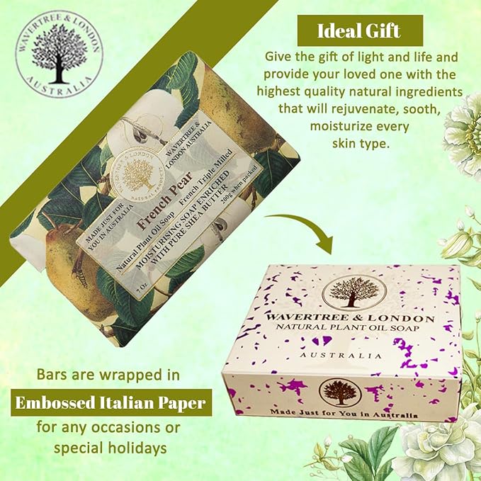 Wavertree & London French Pear Scented Natural Soap (2 Bars), 7oz Moisturizing French Triple Milled Soap Bars enriched with shea butter - Pure Plant Based Bath & Body Bars for All Skin Types