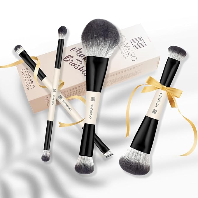 HEYMKGO Makeup Brushes Set, 4Pcs Professional Dual-ended Foundation Contour Power Face Eyeshadow Brush set for Liquid,Cream, Powder for Blending Contouring Makeup Tools- Great for Travel Use, Black