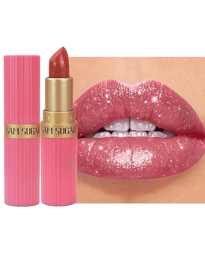 Pink Sparkling Glitter Lipstick, Long Lasting Shimmer Metallic Lipstick for Women Glitter Nude Red Waterproof Lip Gloss, Diamond Shiny Non-Stick Lipgloss Liptint Blam Lip Color labiales Makeup Gift-01