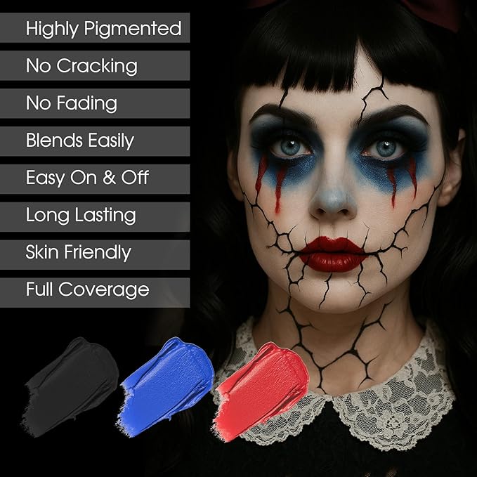 BADCOLOR 3PCS Red Black Royal Blue Face Body Paint Stick Makeup for Skull Vampire Clown Joker SFX Cosplay & Dress Up, Full-Coverage Halloween Facepaint Makeup Kit