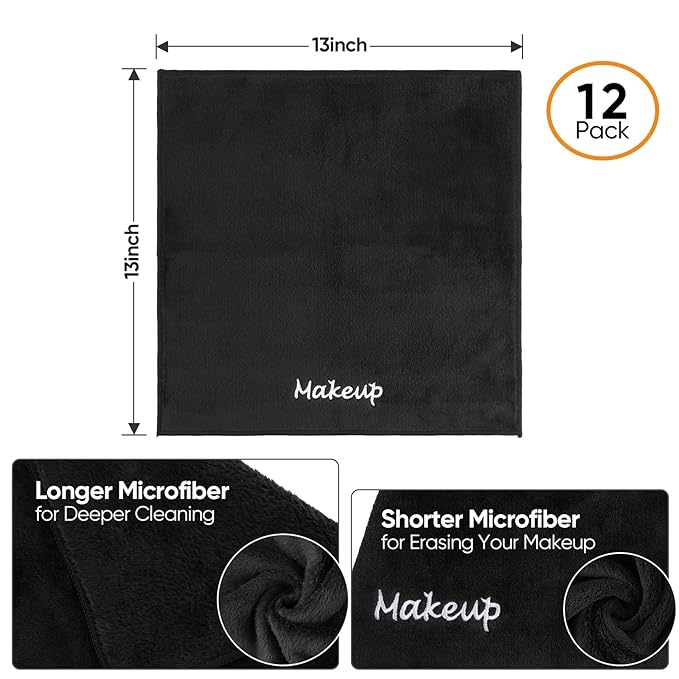 Makeup Remover Cloth, 12 Pack Black Facial Wash Cloths, Soft Coral Fleece Microfiber Towels for Face, Hand, and Bathroom(13" x 13")