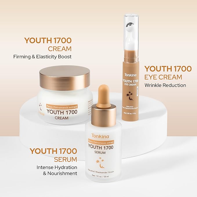 Youth 1700 Essential Trio Set, Vietnamese Ginseng Anti-Aging Skin Care Kit with Serum, Eye Cream & Moisturizer for Wrinkle Care & Firm, Radiant Skin, For All Skin Types
