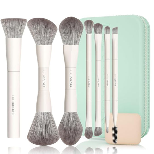 LULUCOLORS-Dual-Ended Makeup Brush Set with Sponge & Travel Case-13 Kinds of Multi-Functional Brushes for Face & Eyes – Soft Bristles, Easy Travel Brush Set (Mint Green)