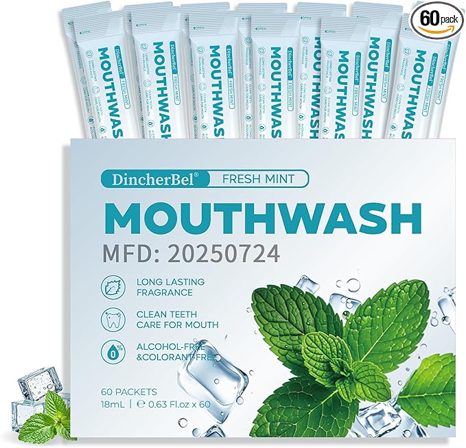 Travel-Size Alcohol & Fluoride Free Mint Mouthwash Packets, 60 Individually Wrapped Portable Packs for Adults, Fresh Breath Mint Flavored Mouthwash for Oral Hygiene, 0.63 Fl Oz Each