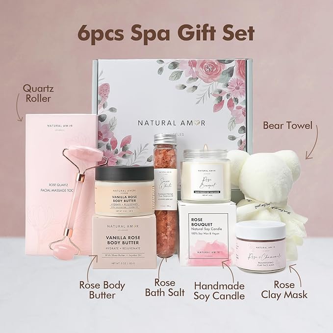Natural Amor Rose Spa Gift Set – 6 pcs Handmade Self-Care Kit with Body Butter, Bath Salt, Clay Mask, Candle, Jade Roller & Bear Headband – Relaxation Gift for Women