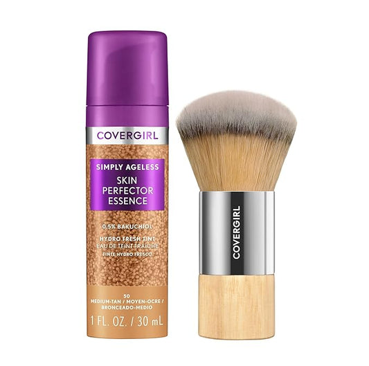 Covergirl Simply Ageless Skin Perfector Essence Foundation, 50 Medium-Tan, Tinted Skin Perfector, Skincare Makeup Hybrid with Blending Foundation Brush